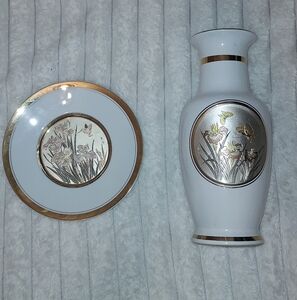 Art Of Chokin Japenese Vase And Plate Vintage Decor Set